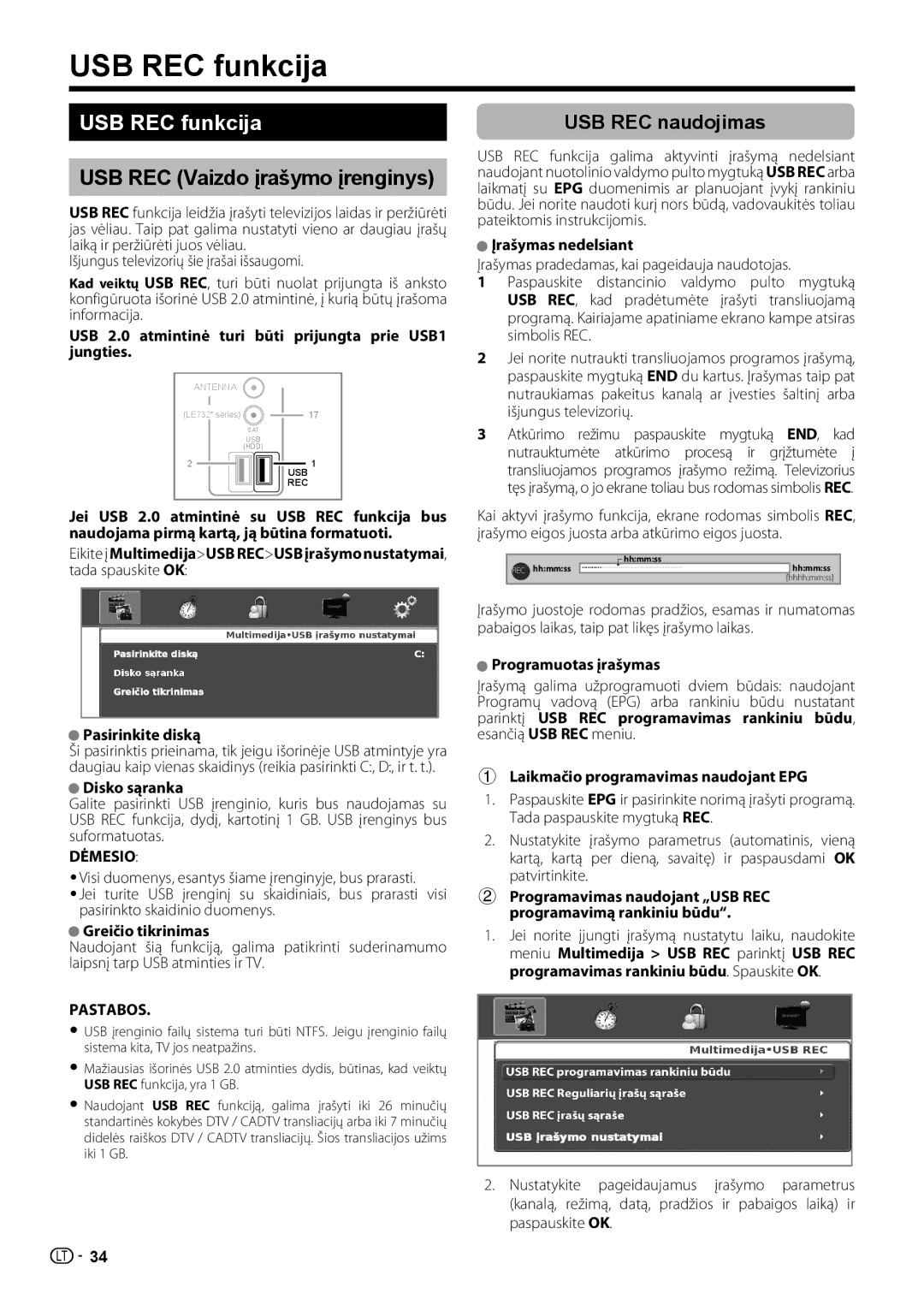 Sharp LC-40LE731E, LC-46LE731E operation manual USB REC funkcija, USB REC Vaizdo įrašymo įrenginys, USB REC naudojimas 