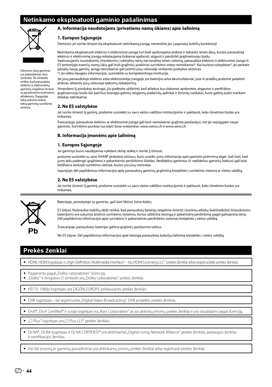 Sharp LC-40LE731E, LC-46LE731E operation manual Netinkamo eksploatuoti gaminio pašalinimas, Prekės ženklai, Ne ES valstybėse 