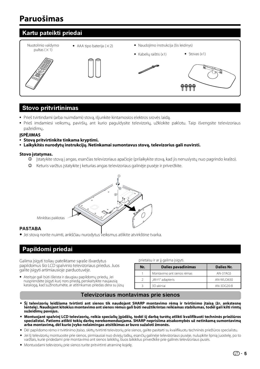 Sharp LC-46LE731E, LC-40LE731E operation manual Paruošimas, Kartu pateikti priedai, Stovo pritvirtinimas, Papildomi priedai 