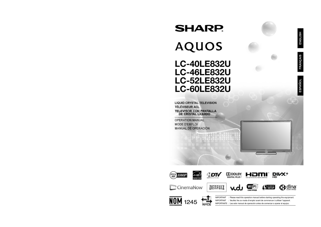 Sharp operation manual LC-40LE832U LC-46LE832U LC-52LE832U LC-60LE832U 