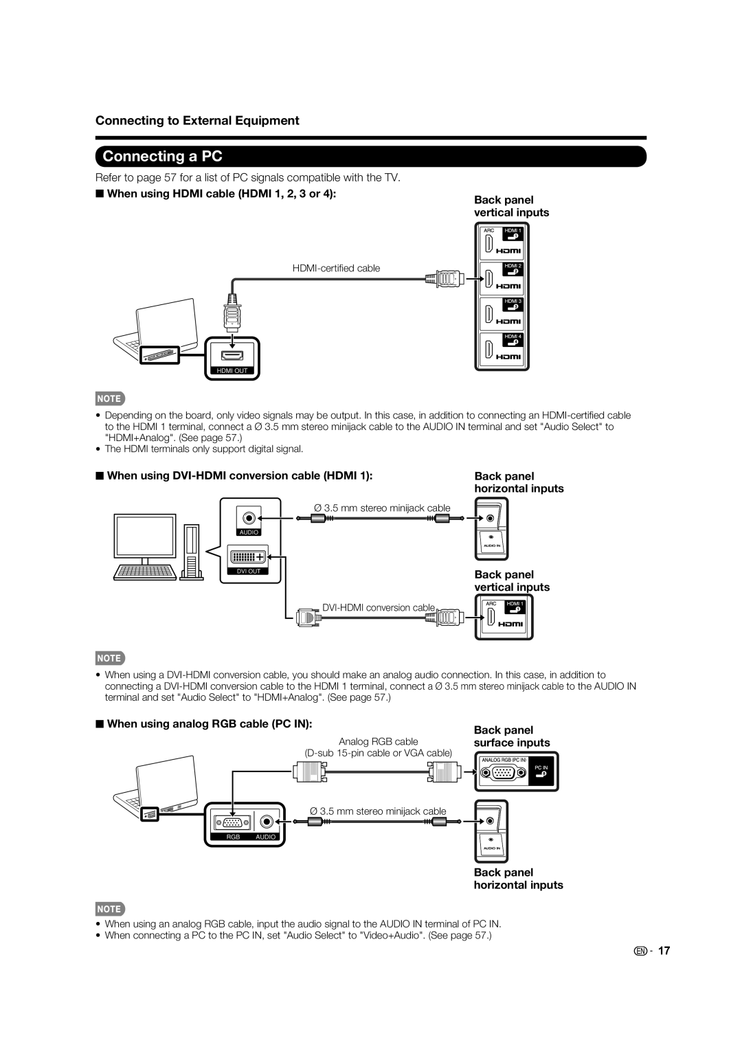 Sharp LC-60LE832U, LC-40LE832U Connecting a PC, Back panel horizontal inputs Back panel vertical inputs, Surface inputs 