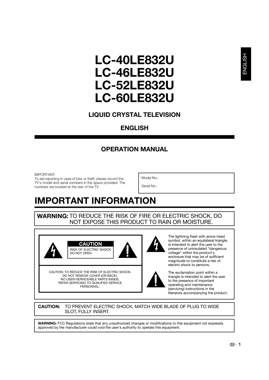 Sharp LC-60LE832U, LC-40LE832U, LC-46LE832U, LC-52LE832U Model No, To aid reporting in case of loss or theft, please record 