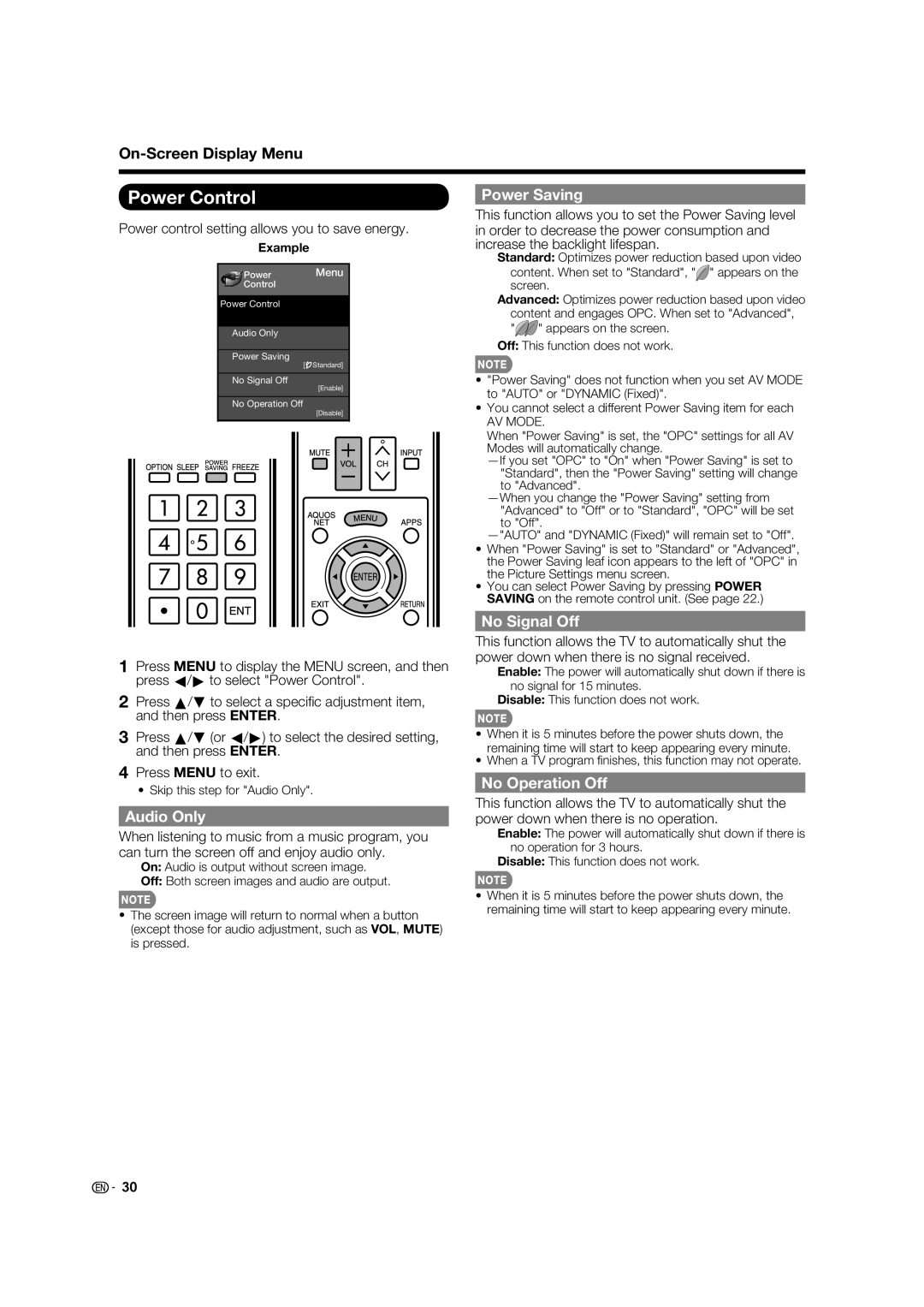 Sharp LC-40LE832U, LC-46LE832U, LC-52LE832U Power Control, Power Saving, No Signal Off, Audio Only, No Operation Off 