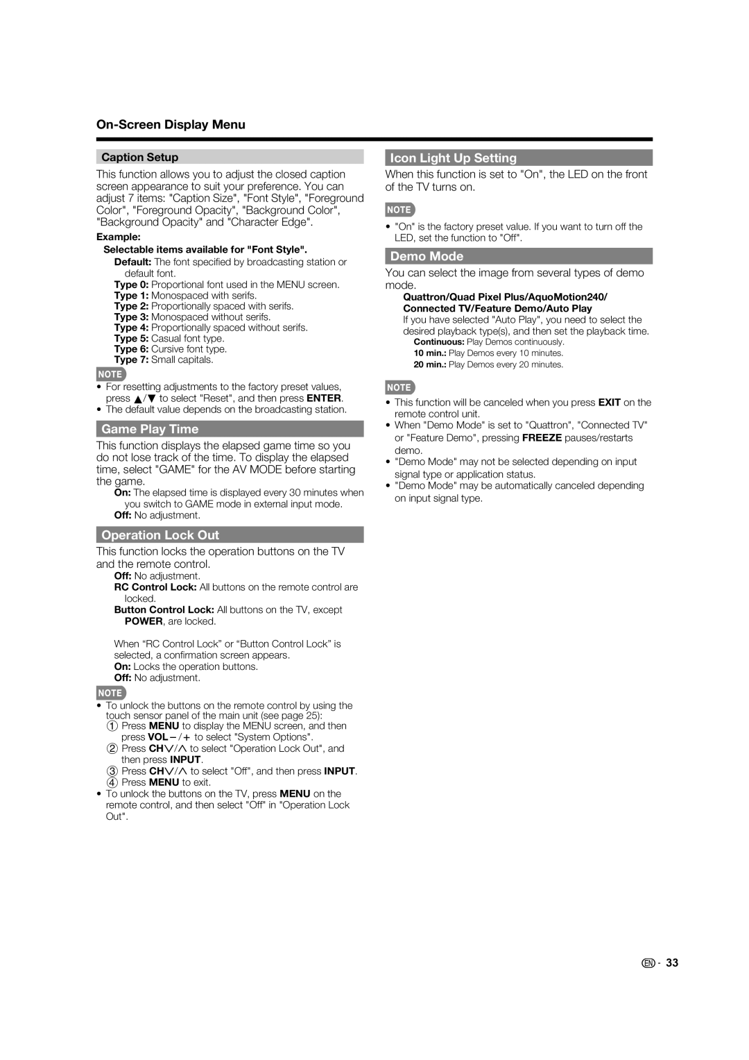 Sharp LC-60LE832U, LC-40LE832U Icon Light Up Setting, Game Play Time, Demo Mode, Operation Lock Out, Caption Setup 