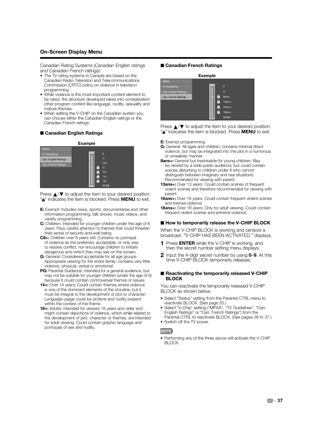 Sharp LC-60LE832U Canadian English Ratings, Canadian French Ratings, How to temporarily release the V-CHIP Block 