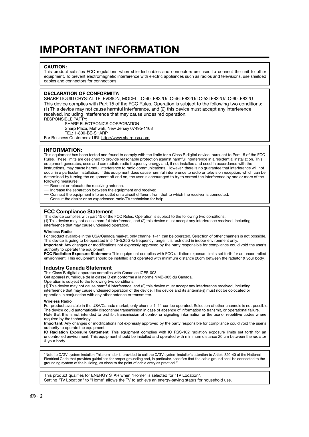 Sharp LC-40LE832U, LC-46LE832U, LC-52LE832U, LC-60LE832U operation manual FCC Compliance Statement, Industry Canada Statement 