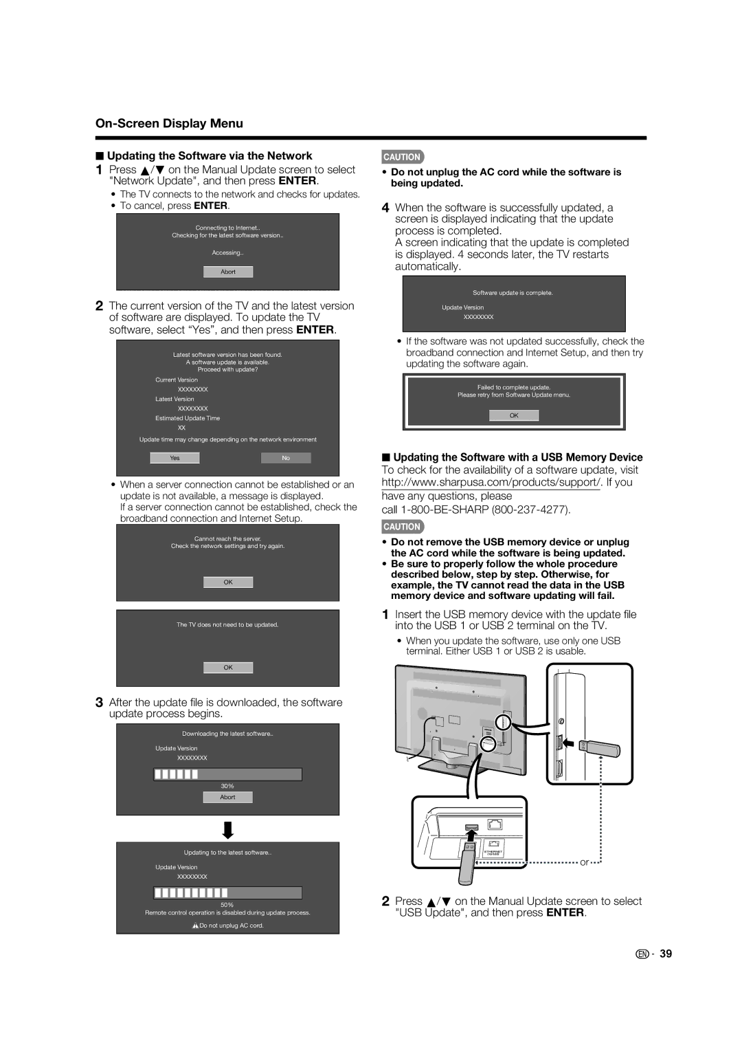 Sharp LC-46LE832U, LC-40LE832U, LC-52LE832U, LC-60LE832U Updating the Software via the Network, Call 1-800-BE-SHARP 