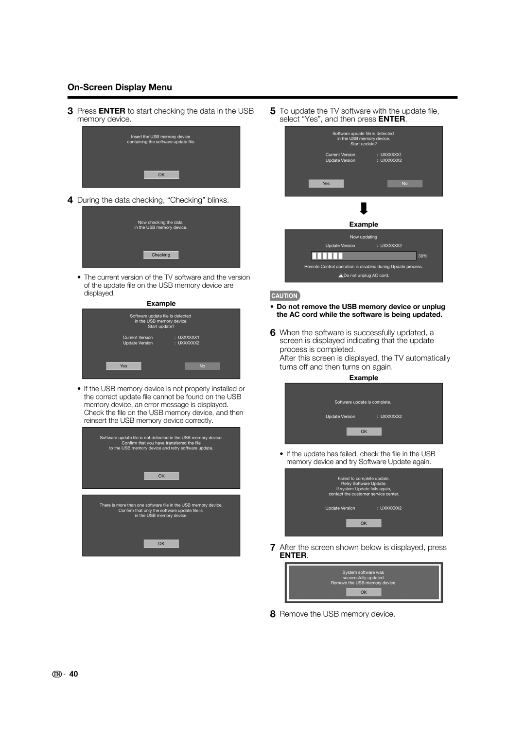 Sharp LC-52LE832U Press Enter to start checking the data in the USB, Memory device Select Yes, and then press Enter 