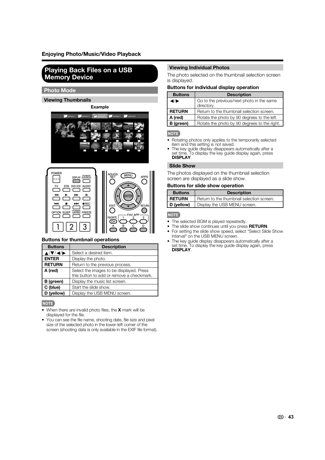 Sharp LC-46LE832U, LC-40LE832U, LC-52LE832U, LC-60LE832U Playing Back Files on a USB Memory Device, Photo Mode 