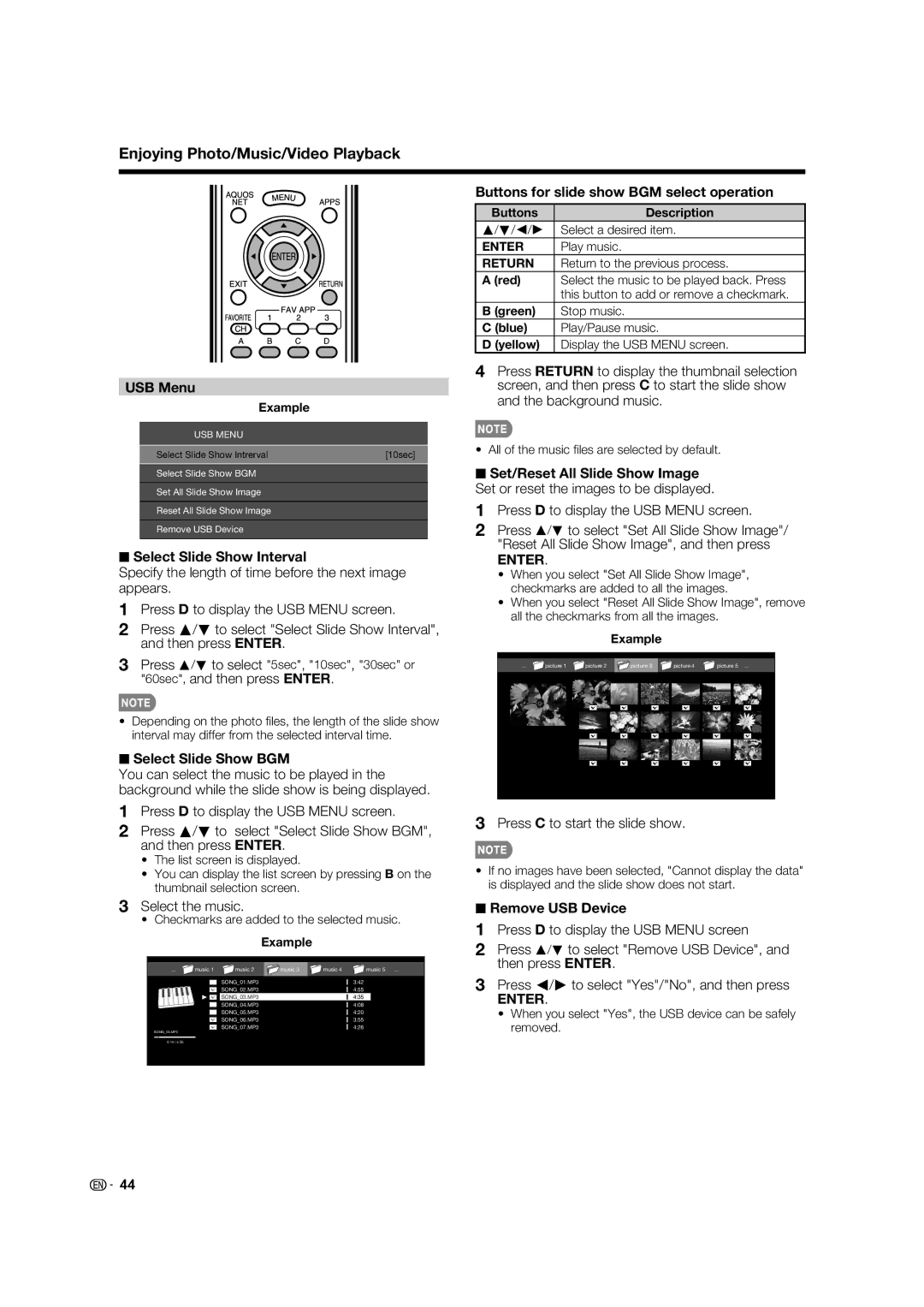 Sharp LC-52LE832U USB Menu, Select Slide Show Interval, Select Slide Show BGM, Buttons for slide show BGM select operation 