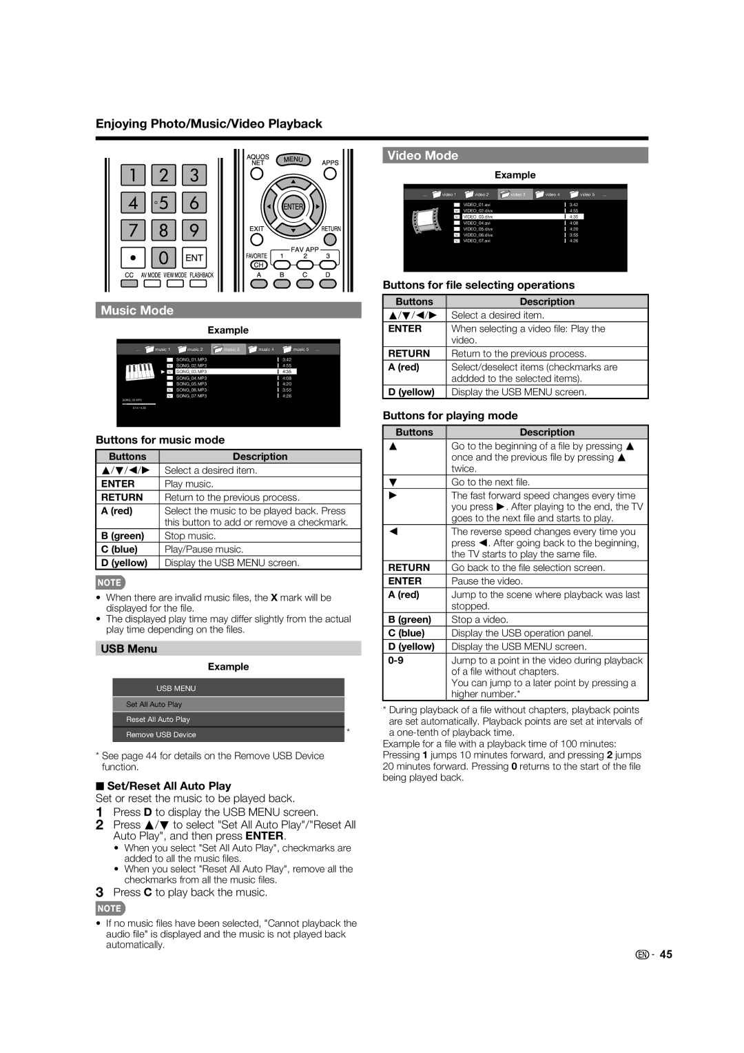 Sharp LC-60LE832U, LC-40LE832U Music Mode, Video Mode, Buttons for ﬁle selecting operations, Set/Reset All Auto Play 