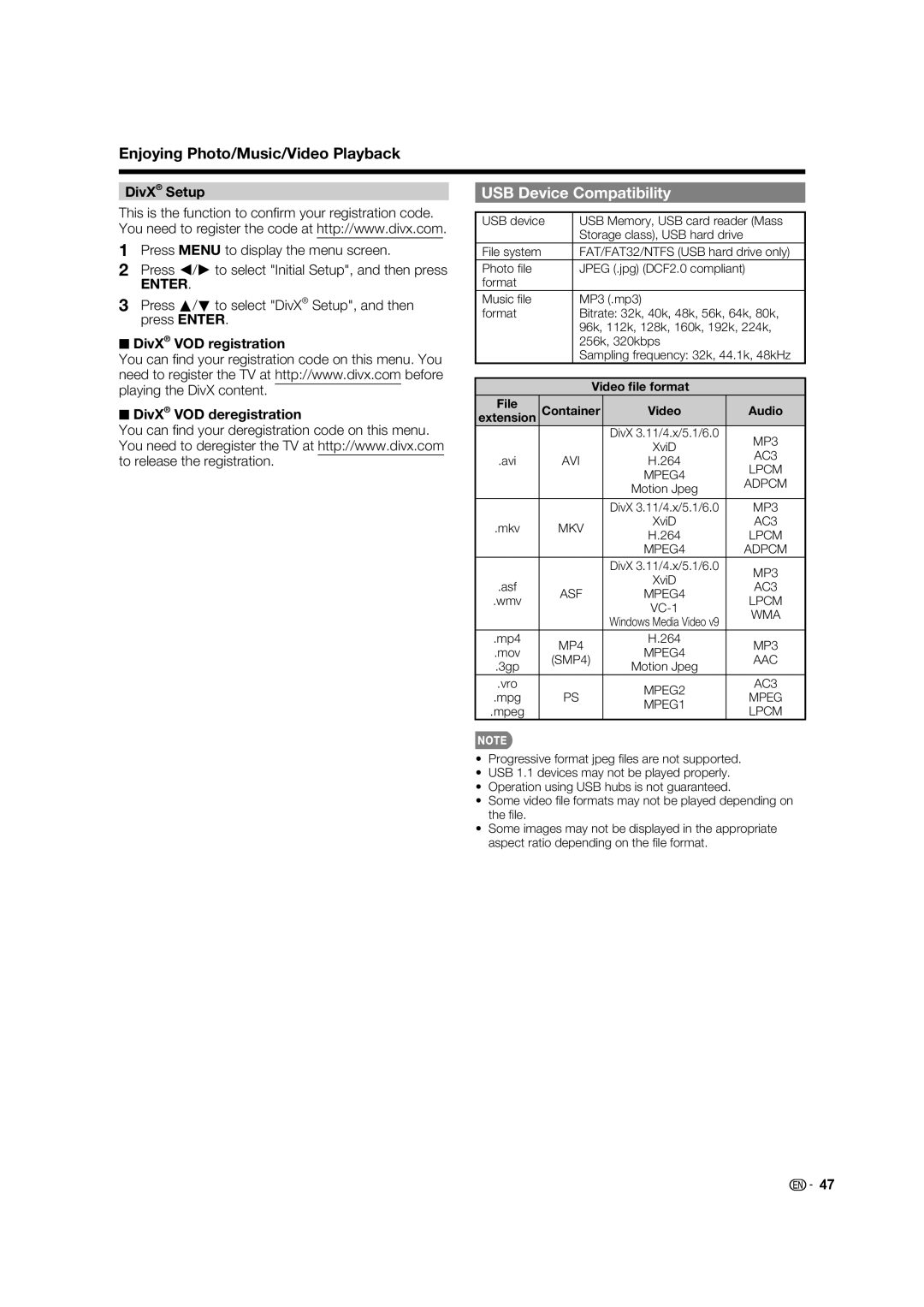 Sharp LC-46LE832U USB Device Compatibility, Press a/b to select DivX Setup, and then press Enter, Video ﬁle format 