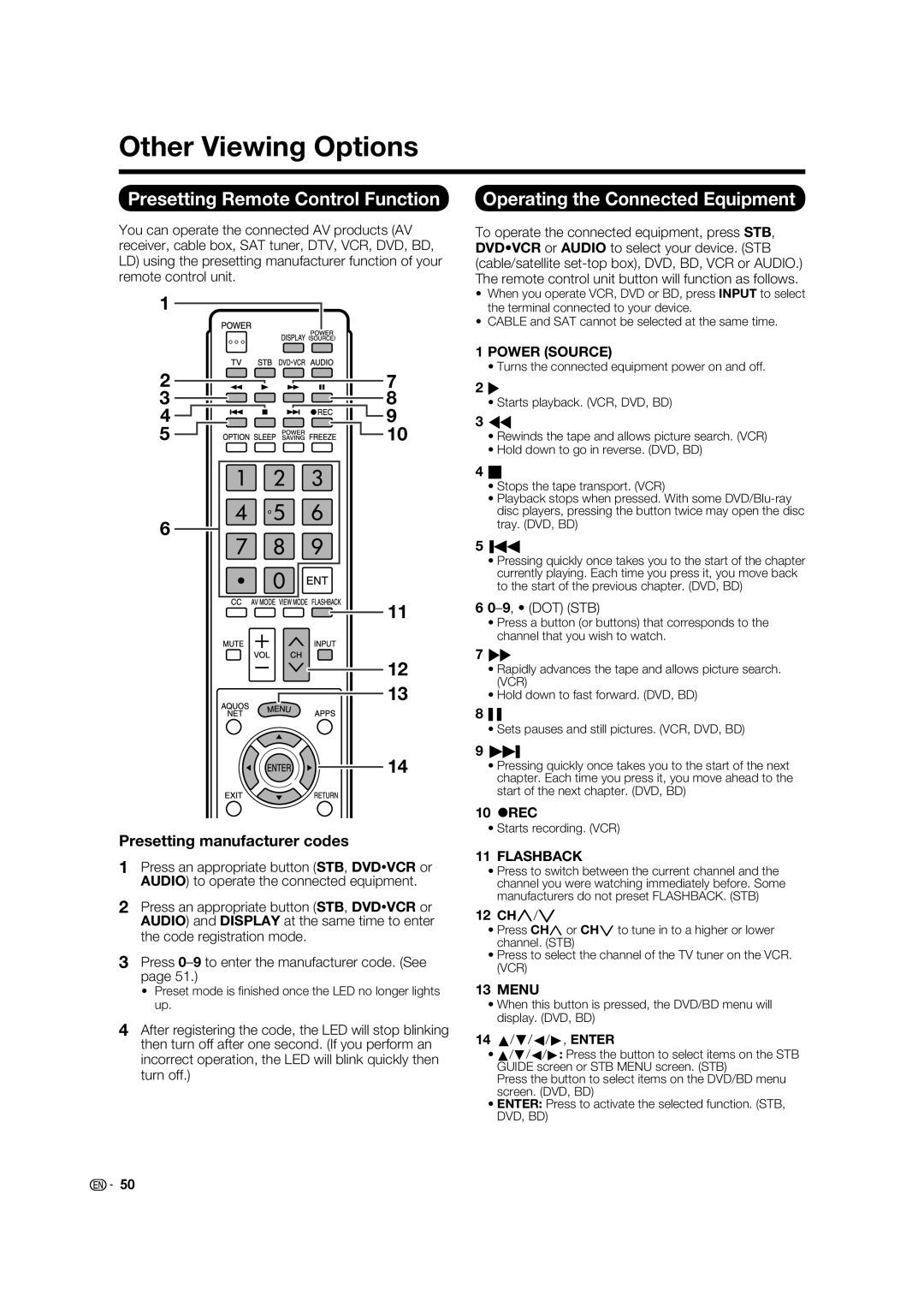 Sharp LC-40LE832U Other Viewing Options, Presetting Remote Control Function, Operating the Connected Equipment, 9, DOT STB 