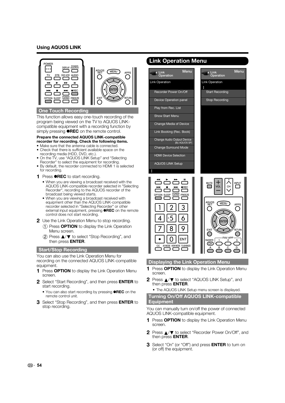 Sharp LC-40LE832U, LC-46LE832U One Touch Recording, Start/Stop Recording, Displaying the Link Operation Menu 