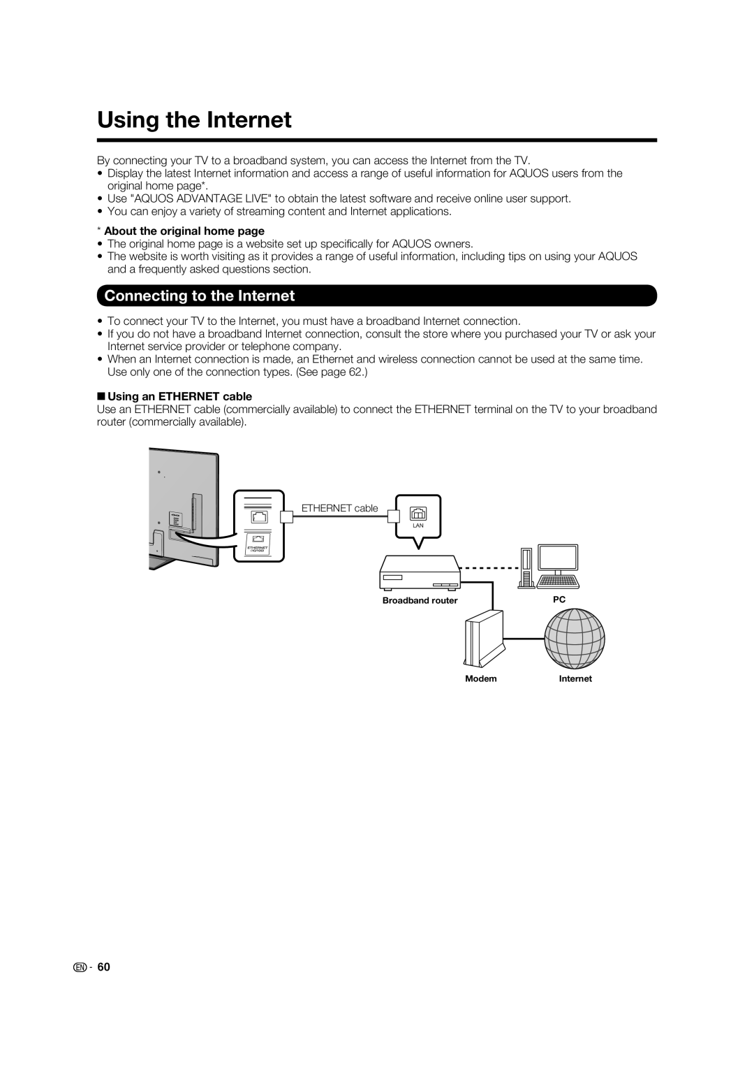 Sharp LC-52LE832U Using the Internet, Connecting to the Internet, About the original home, Using an Ethernet cable 