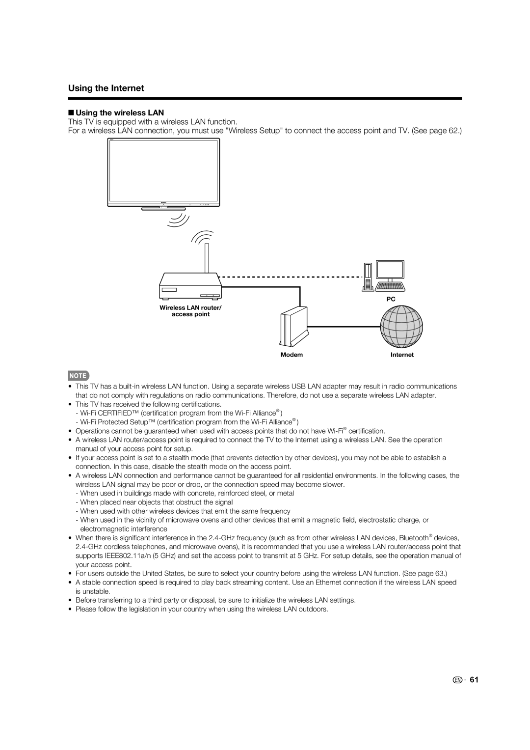 Sharp LC-60LE832U, LC-40LE832U, LC-46LE832U, LC-52LE832U operation manual Using the Internet, Using the wireless LAN 