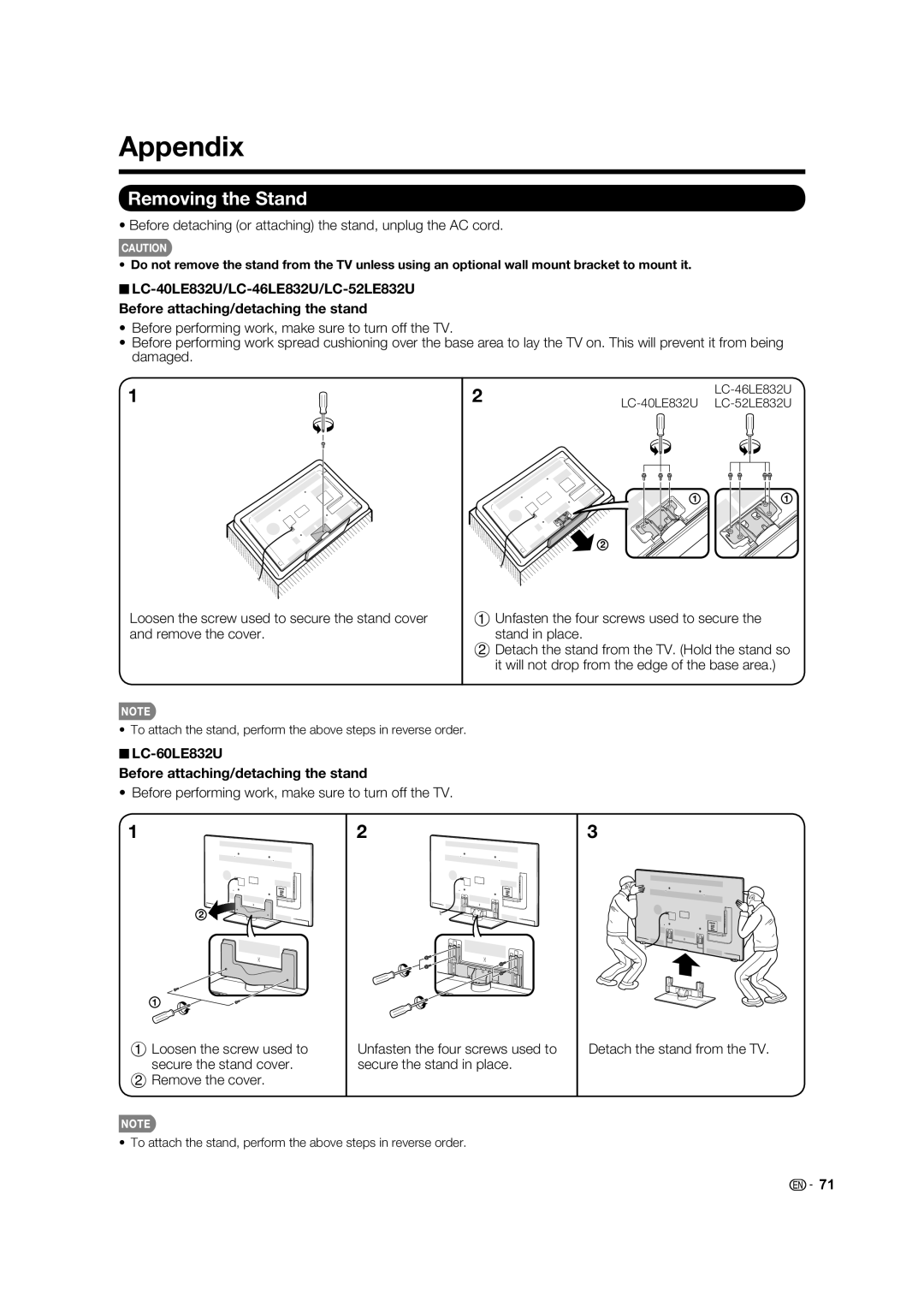 Sharp LC-46LE832U, LC-40LE832U Appendix, Removing the Stand, Before detaching or attaching the stand, unplug the AC cord 