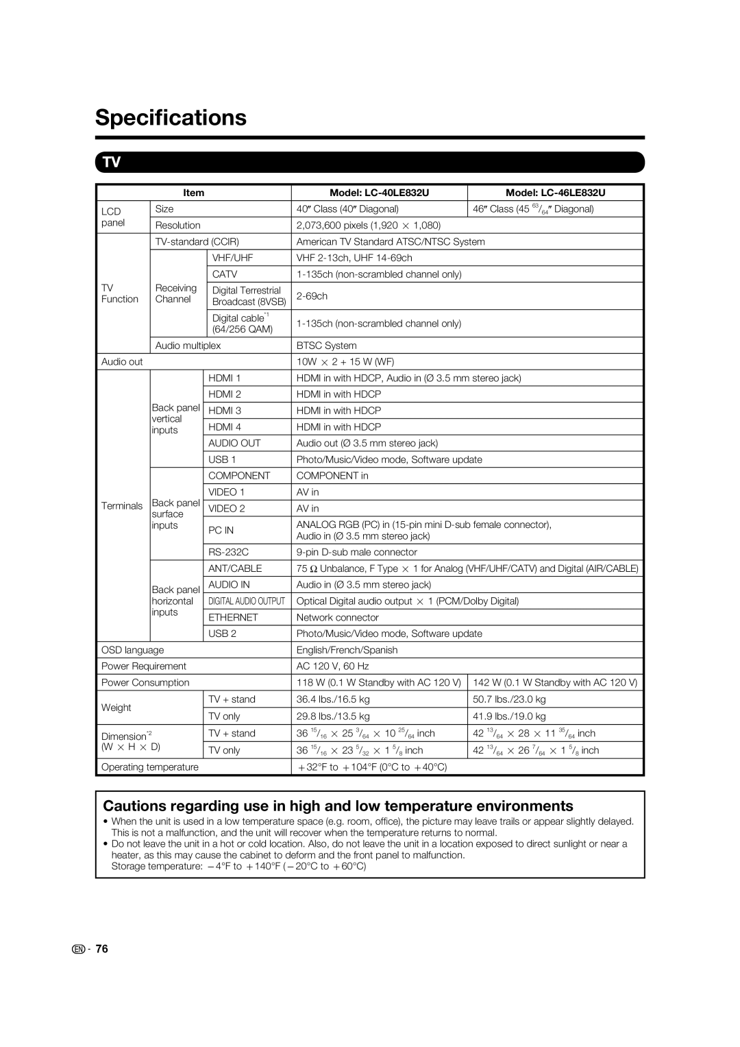 Sharp LC-52LE832U, LC-60LE832U operation manual Speciﬁcations, Model LC-40LE832U Model LC-46LE832U 