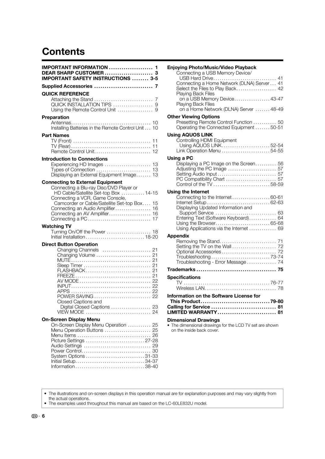 Sharp LC-40LE832U, LC-46LE832U, LC-52LE832U, LC-60LE832U operation manual Contents 