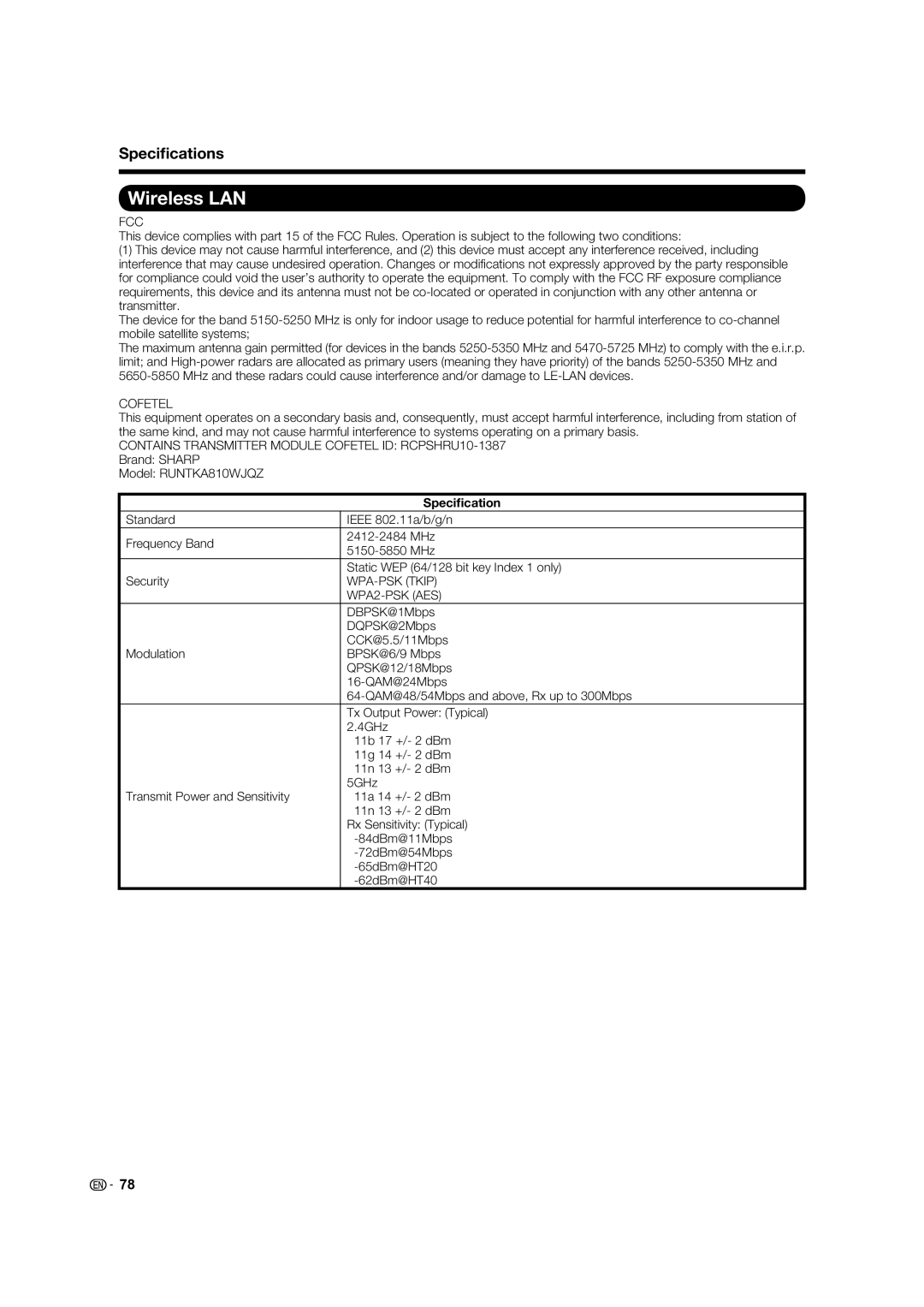 Sharp LC-40LE832U, LC-46LE832U, LC-52LE832U, LC-60LE832U operation manual Wireless LAN, Speciﬁcation 