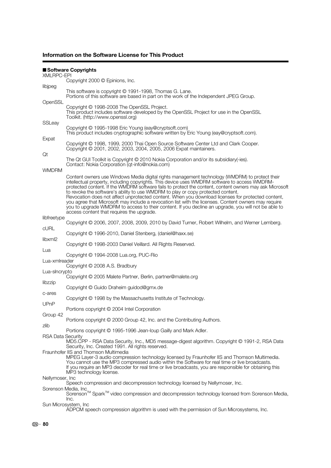 Sharp LC-52LE832U, LC-40LE832U, LC-46LE832U Information on the Software License for This Product, Software Copyrights 