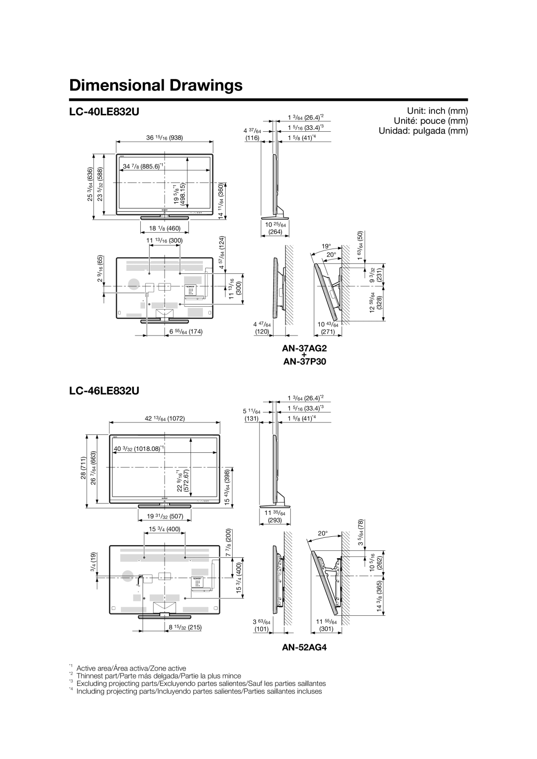 Sharp LC-40LE832U, LC-46LE832U, LC-52LE832U, LC-60LE832U operation manual Dimensional Drawings, AN-37AG2 AN-37P30, AN-52AG4 