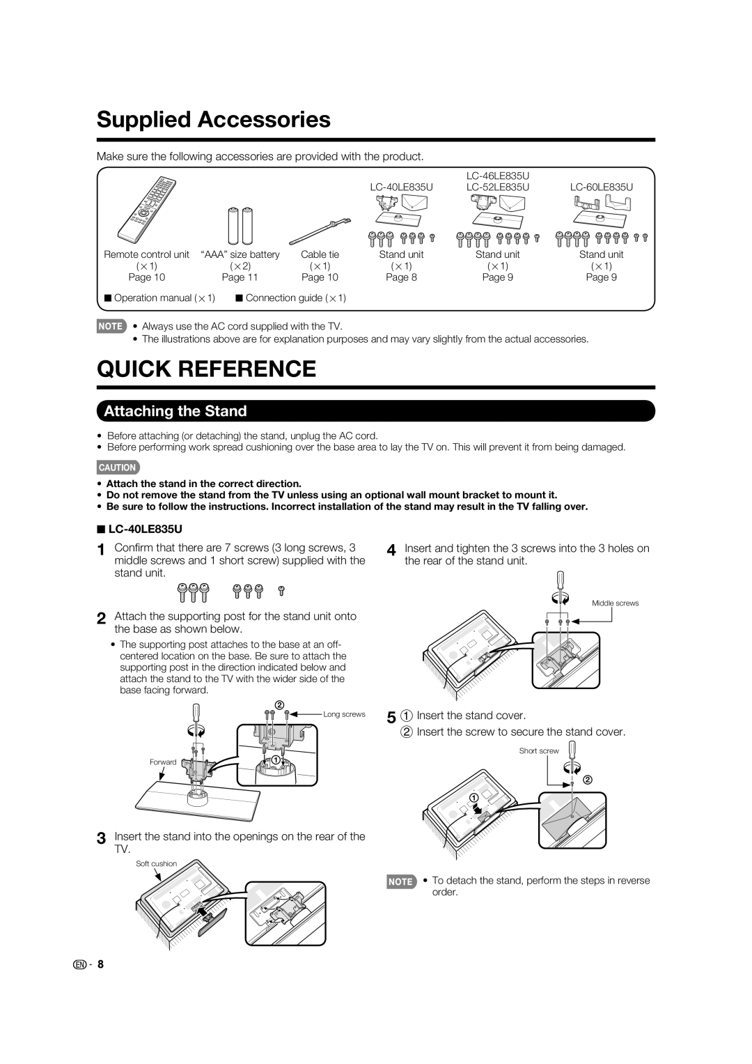 Sharp LC-52LE835U, LC-46LE835U, LC-60LE835U operation manual Supplied Accessories, Attaching the Stand, LC-40LE835U 