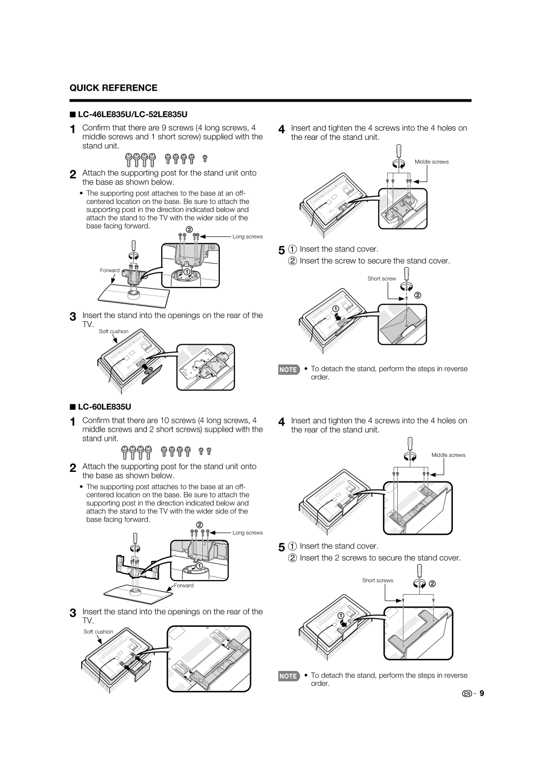 Sharp LC-60LE835U, LC-40LE835U LC-46LE835U/LC-52LE835U, Stand into the openings on the rear, Base facing forward 