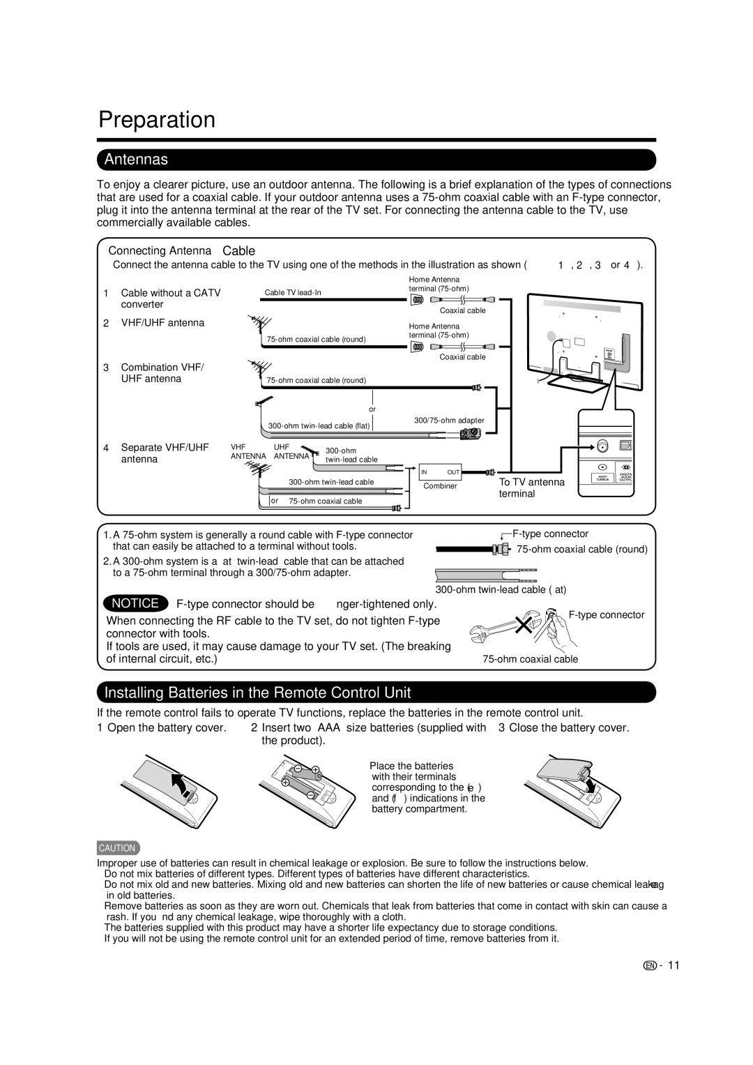 Sharp LC-46LE835U Preparation, Antennas, Installing Batteries in the Remote Control Unit, Connecting Antenna Cable 