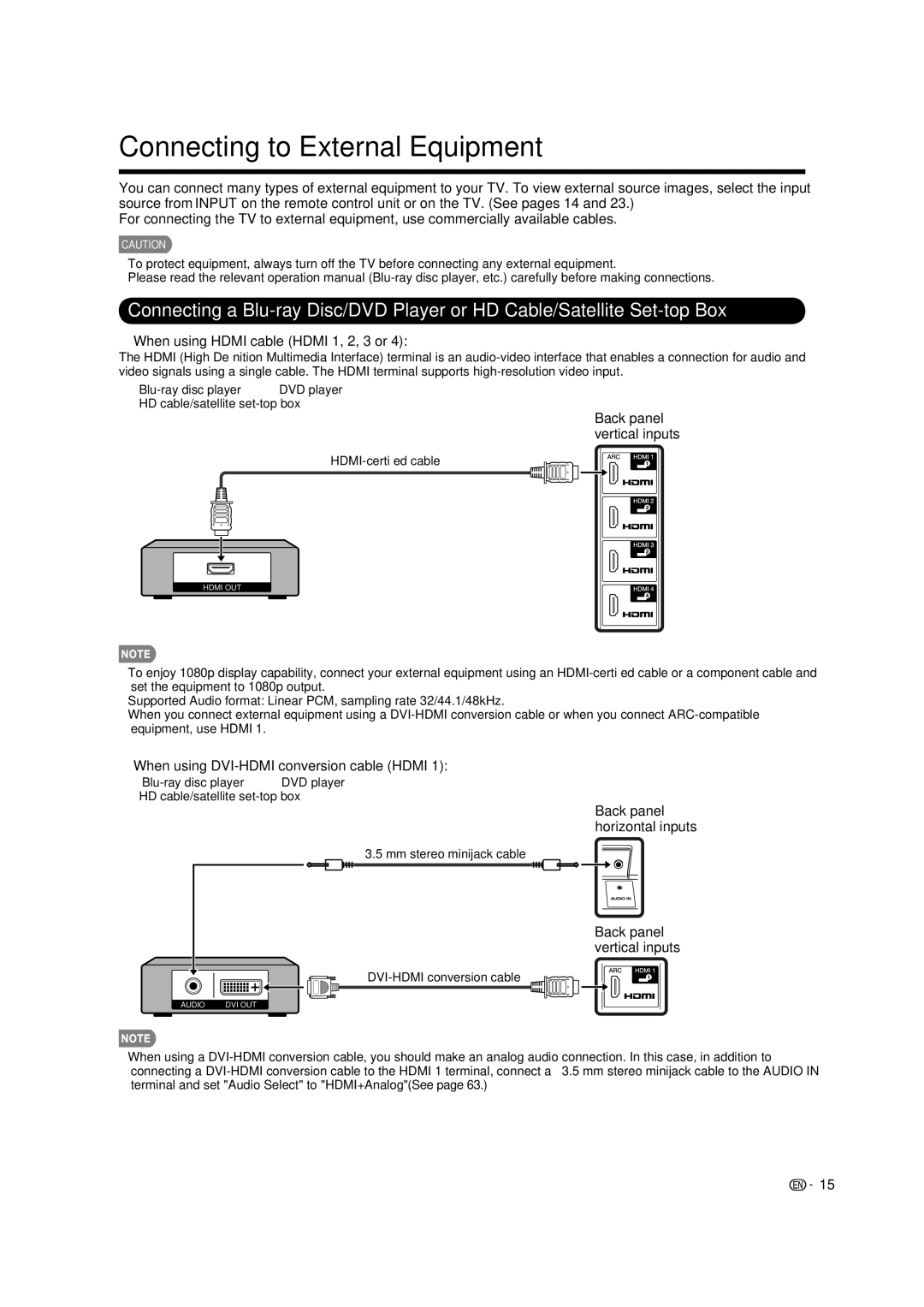 Sharp LC-46LE835U Connecting to External Equipment, When using Hdmi cable Hdmi 1, 2, 3 or, Back panel vertical inputs 