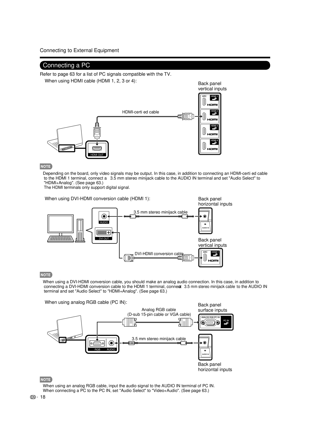 Sharp LC-40LE835U, LC-46LE835U, LC-52LE835U Connecting a PC, Back panel horizontal inputs Back panel vertical inputs 