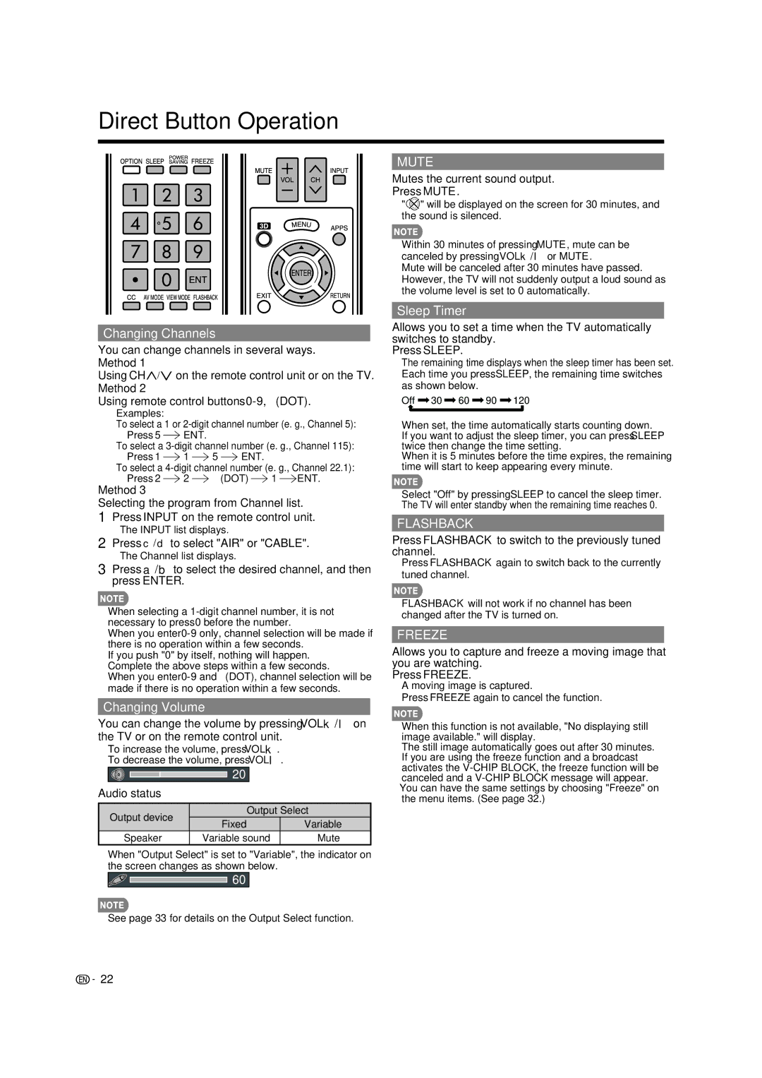 Sharp LC-40LE835U, LC-46LE835U, LC-52LE835U Direct Button Operation, Changing Channels, Changing Volume, Sleep Timer 