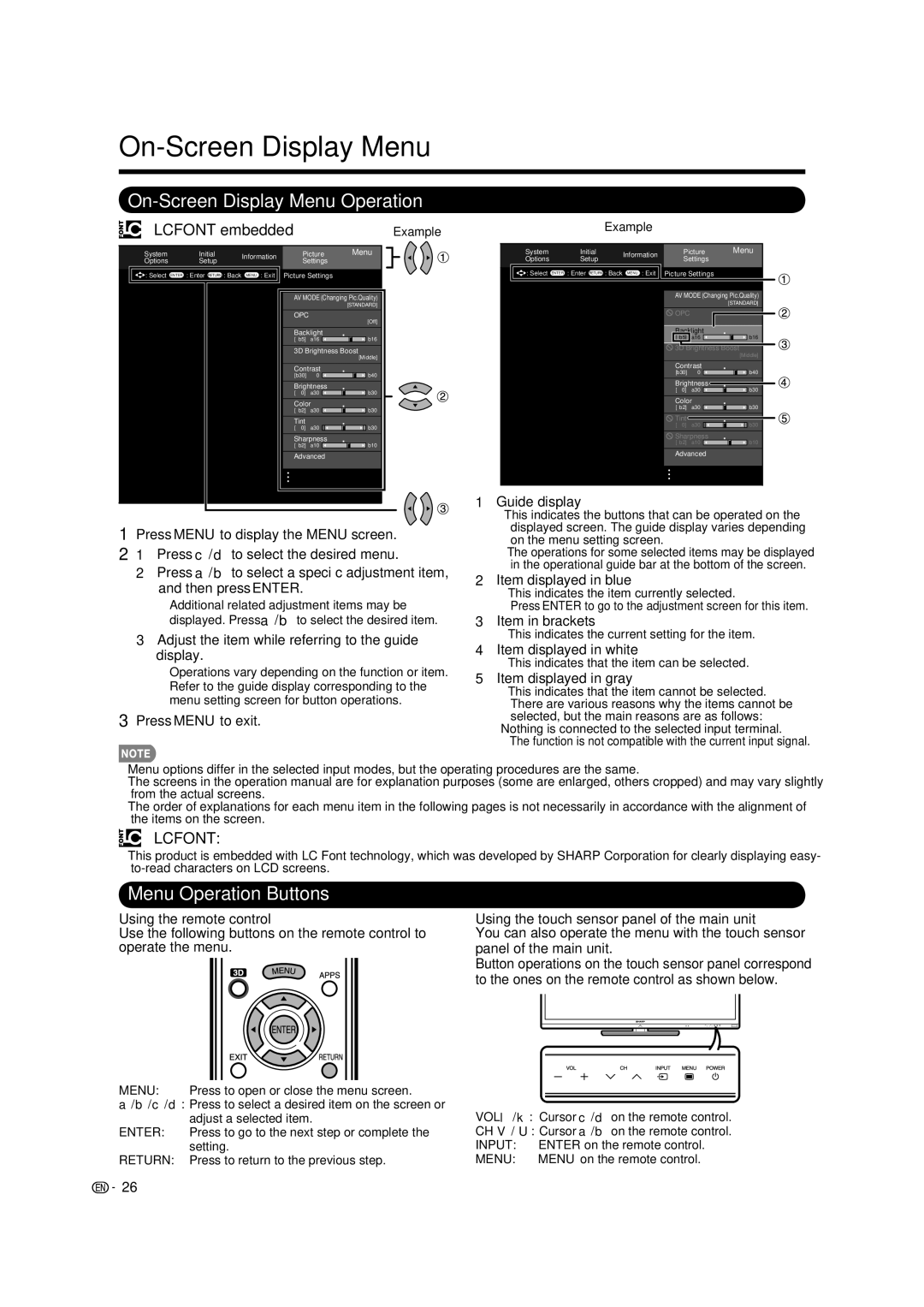 Sharp LC-40LE835U On-Screen Display Menu Operation, Menu Operation Buttons, Lcfont embedded, Using the remote control 