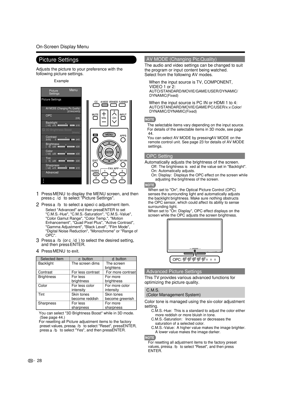 Sharp LC-52LE835U, LC-40LE835U, LC-46LE835U AV Mode Changing Pic.Quality, OPC Setting, Advanced Picture Settings 