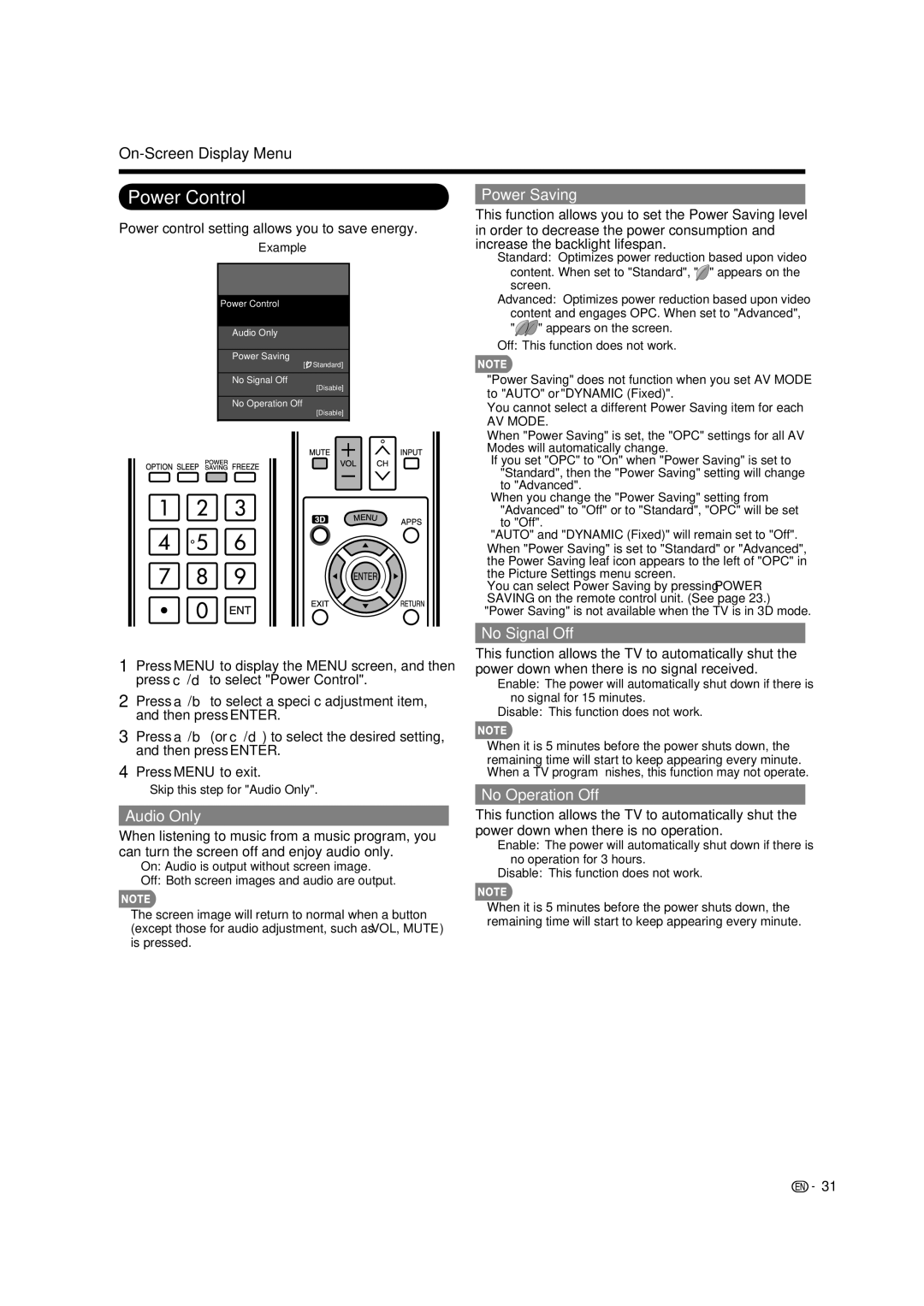 Sharp LC-46LE835U, LC-40LE835U, LC-52LE835U Power Control, Power Saving, No Signal Off, Audio Only, No Operation Off 