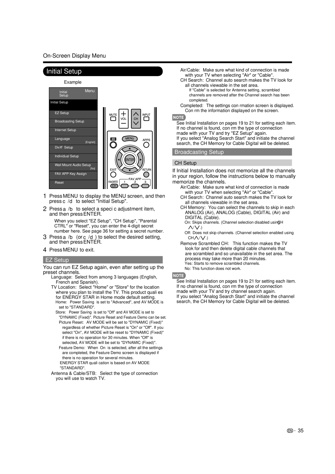 Sharp LC-46LE835U, LC-40LE835U, LC-52LE835U, LC-60LE835U Initial Setup, EZ Setup, Broadcasting Setup, CH Setup 