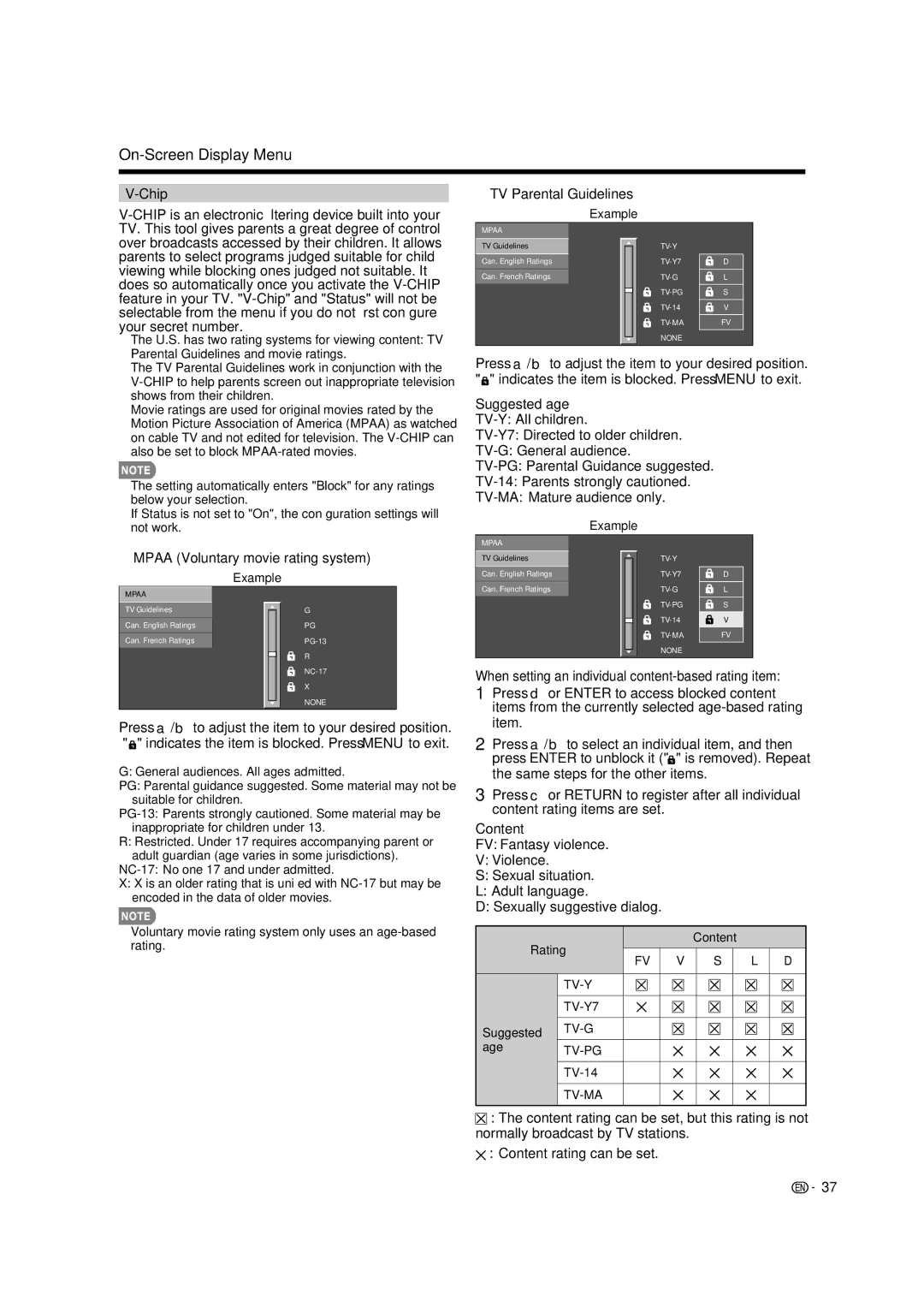 Sharp LC-60LE835U, LC-40LE835U Chip is an electronic ﬁ ltering device built into your, TV Parental Guidelines 