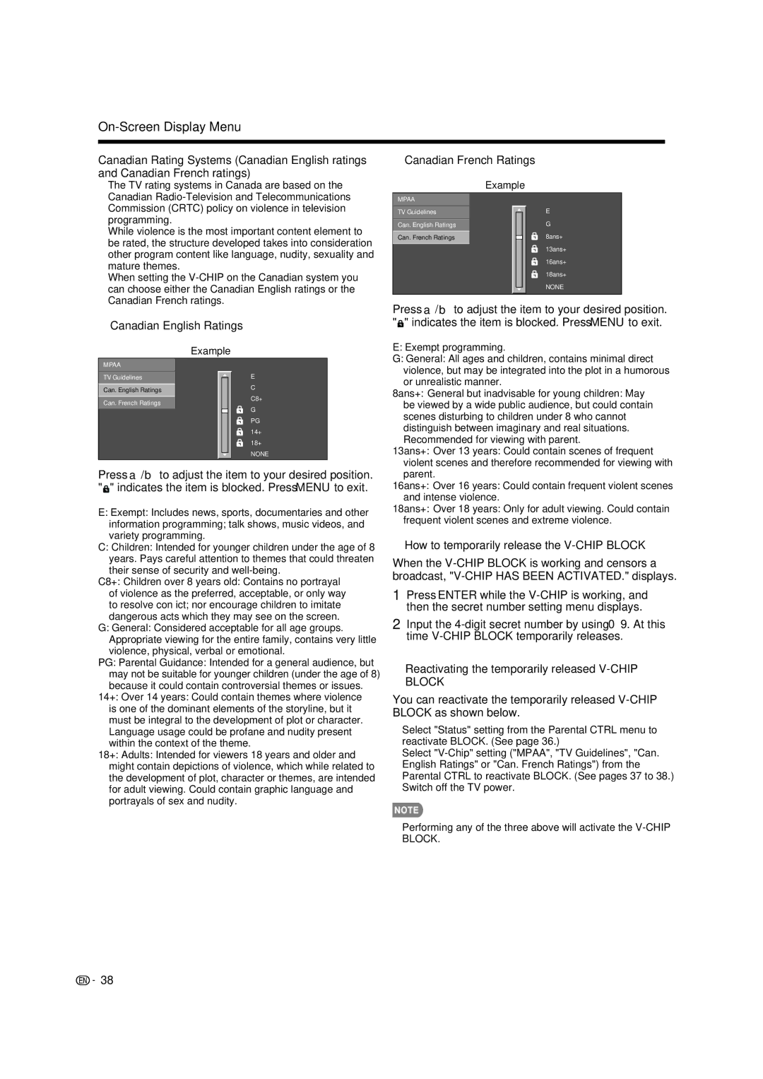 Sharp LC-40LE835U Canadian English Ratings, Canadian French Ratings, How to temporarily release the V-CHIP Block 