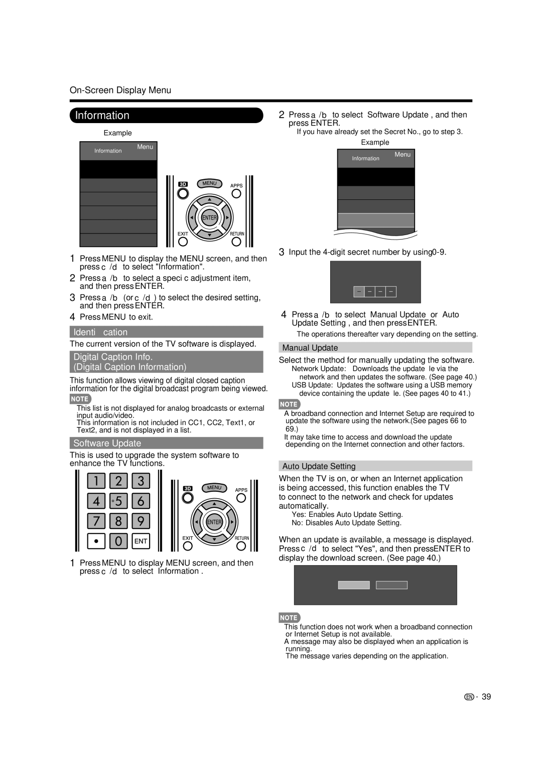 Sharp LC-46LE835U, LC-40LE835U Identiﬁcation, Digital Caption Info Digital Caption Information, Software Update 