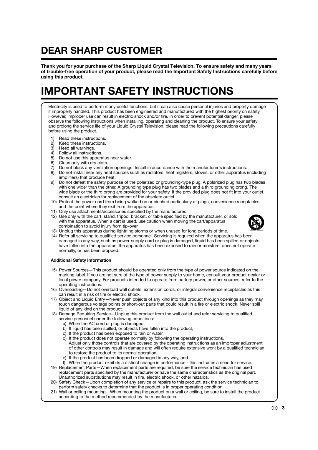 Sharp LC-46LE835U, LC-40LE835U, LC-52LE835U, LC-60LE835U operation manual Dear Sharp Customer, Additional Safety Information 