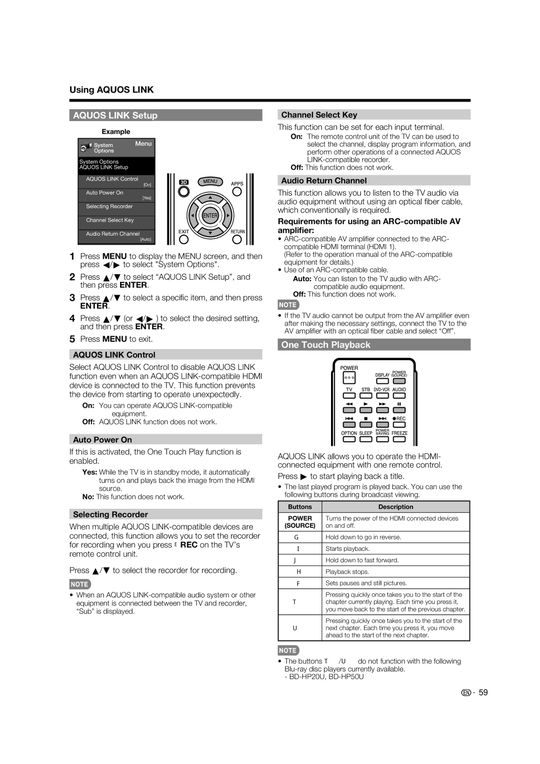 Sharp LC-46LE835U, LC-40LE835U, LC-52LE835U, LC-60LE835U Using Aquos Link, Aquos Link Setup, One Touch Playback 