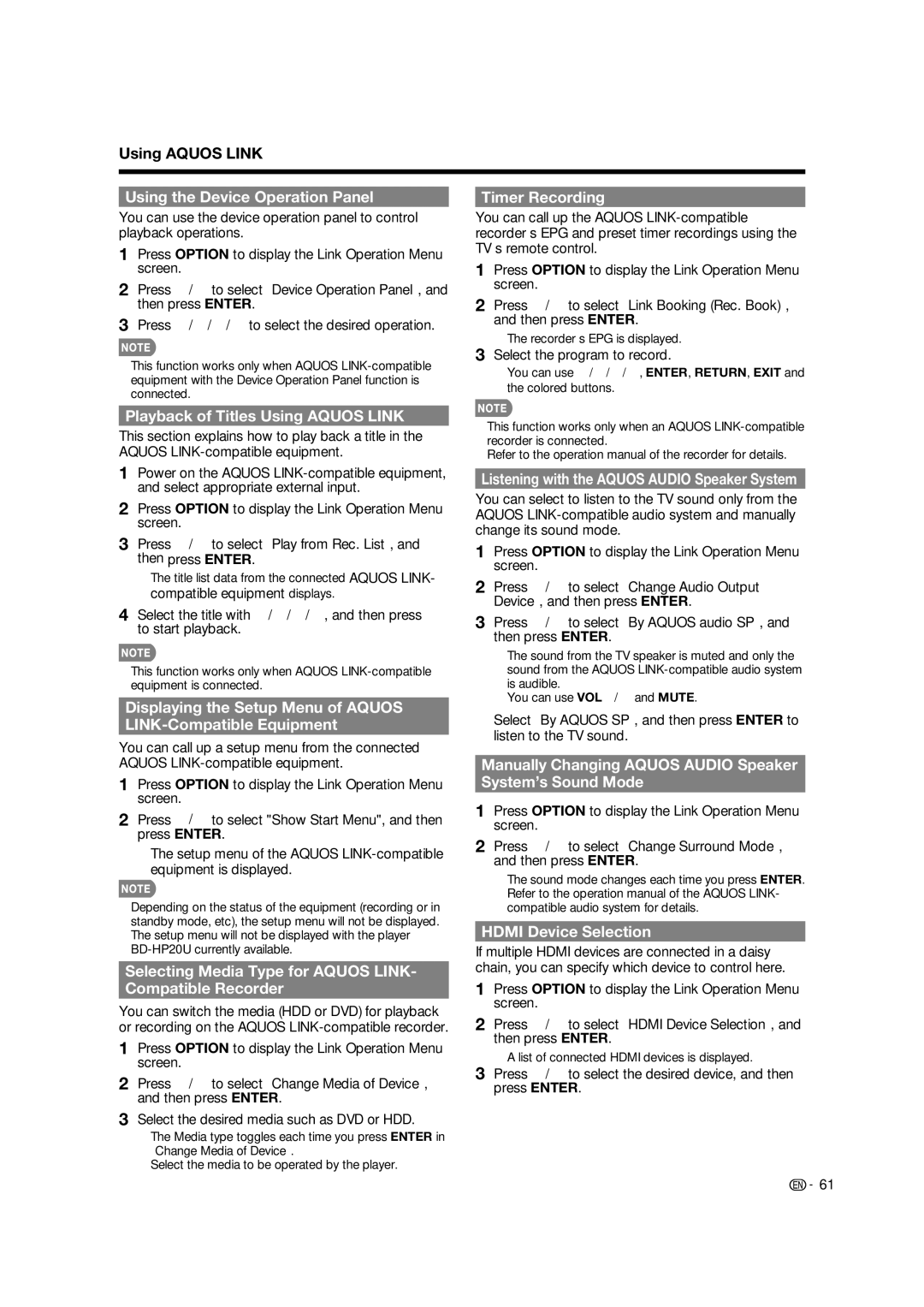 Sharp LC-60LE835U, LC-40LE835U Using the Device Operation Panel, Timer Recording, Playback of Titles Using Aquos Link 