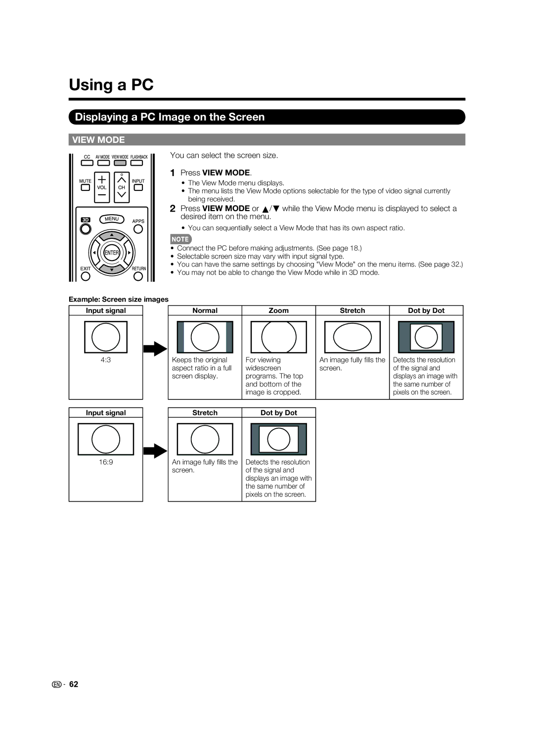 Sharp LC-40LE835U, LC-46LE835U, LC-52LE835U, LC-60LE835U Using a PC, Displaying a PC Image on the Screen, Stretch Dot by Dot 