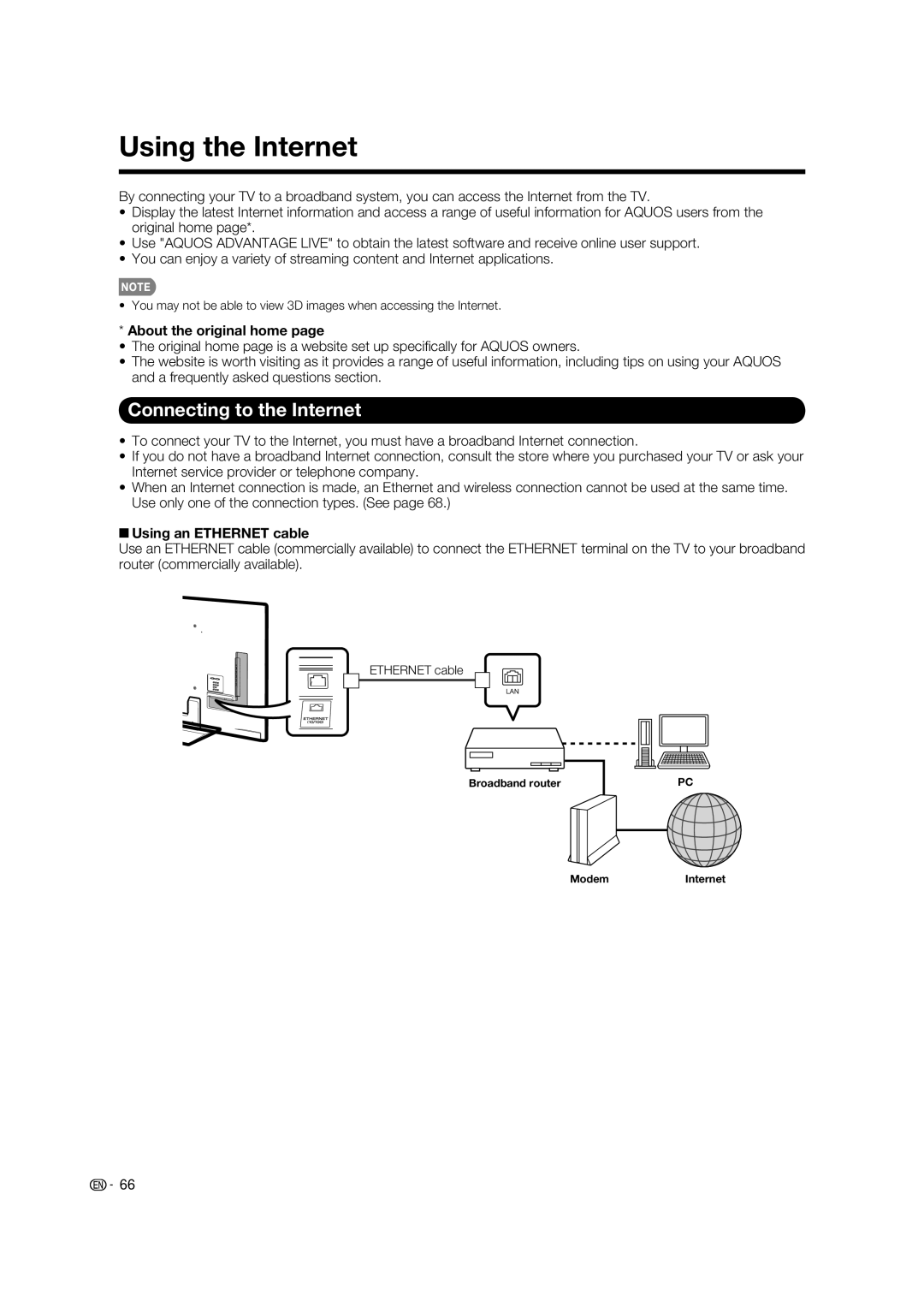 Sharp LC-40LE835U Using the Internet, Connecting to the Internet, About the original home, +Using an Ethernet cable 