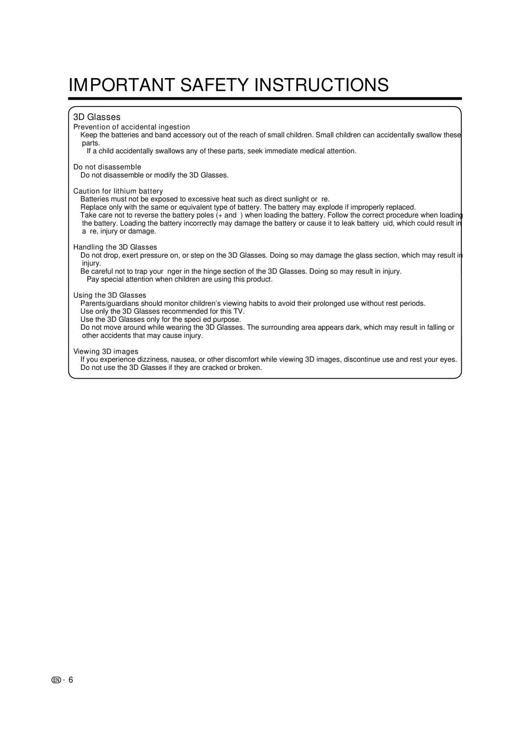 Sharp LC-40LE835U, LC-46LE835U, LC-52LE835U, LC-60LE835U operation manual 3D Glasses 