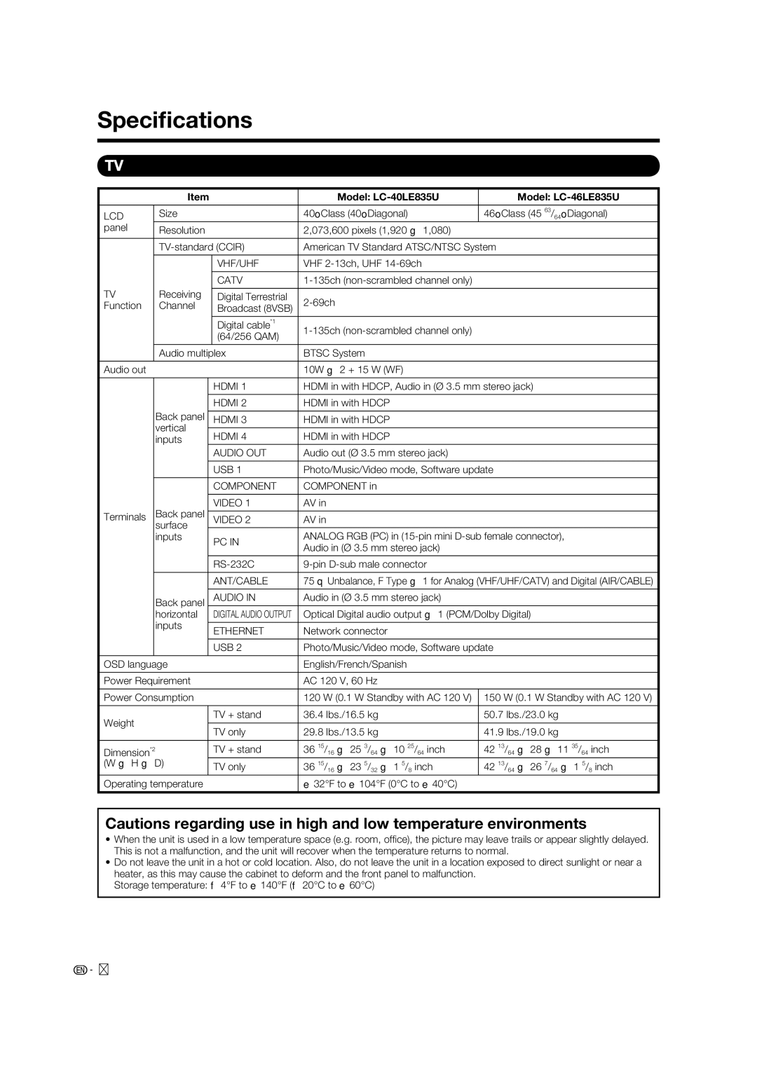 Sharp LC-52LE835U, LC-60LE835U operation manual Speciﬁcations, Model LC-40LE835U Model LC-46LE835U 