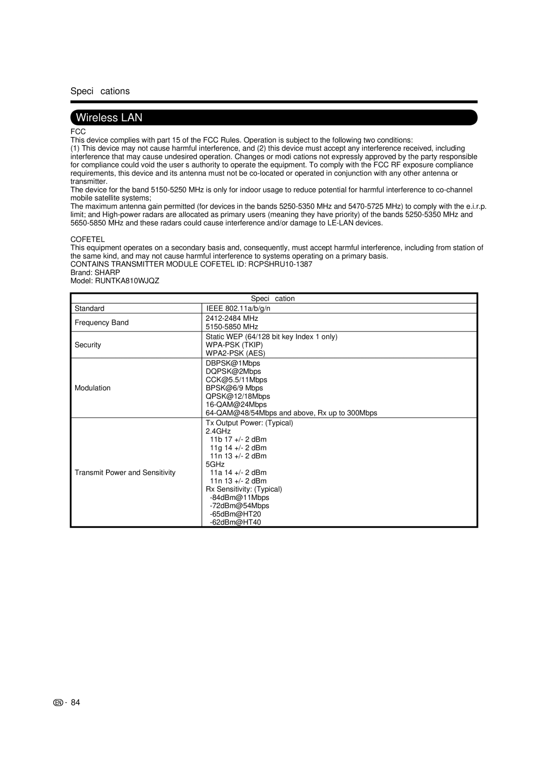 Sharp LC-52LE835U, LC-40LE835U, LC-46LE835U, LC-60LE835U operation manual Wireless LAN, Speciﬁcation 