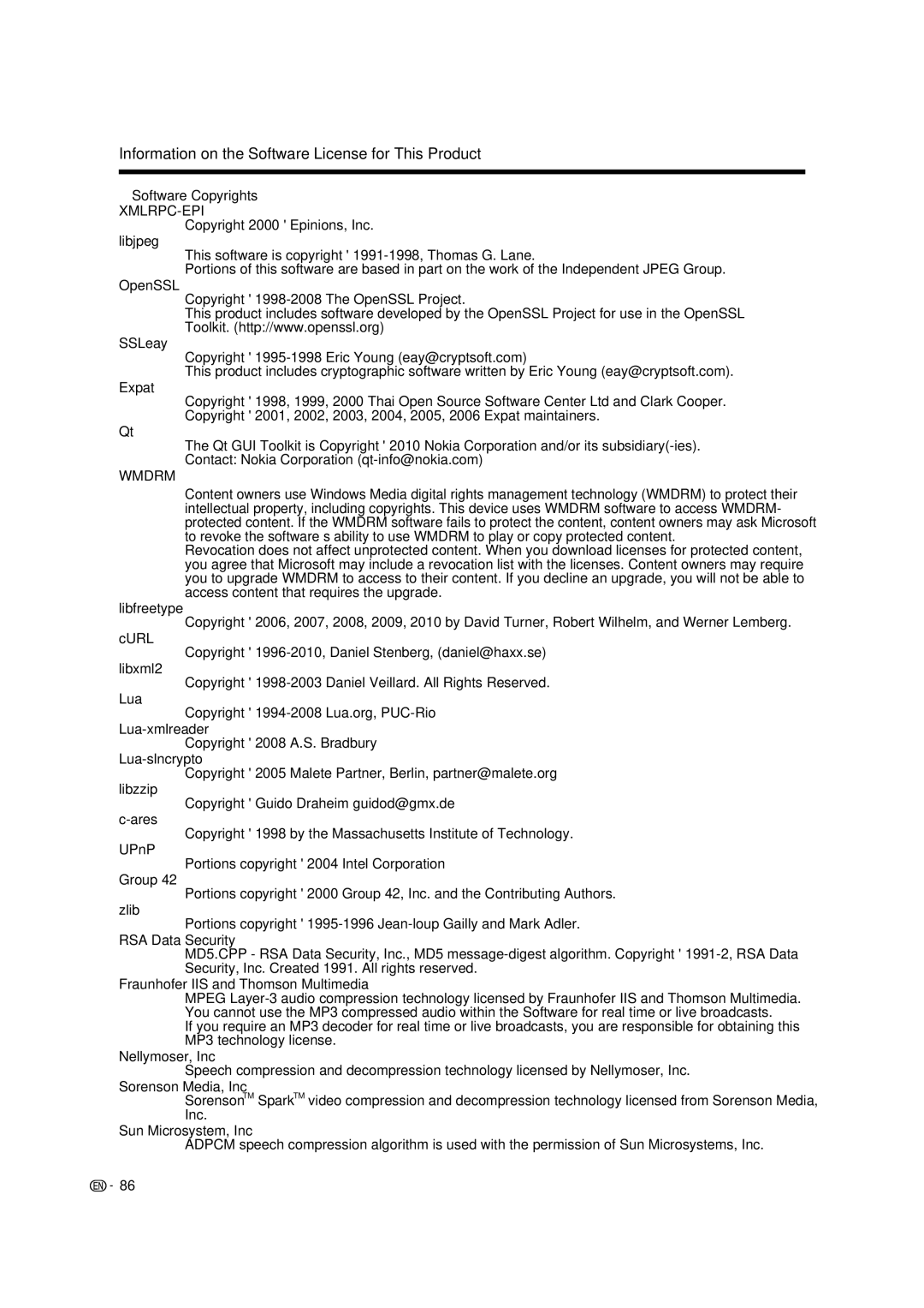 Sharp LC-40LE835U, LC-46LE835U, LC-52LE835U Information on the Software License for This Product, Software Copyrights 