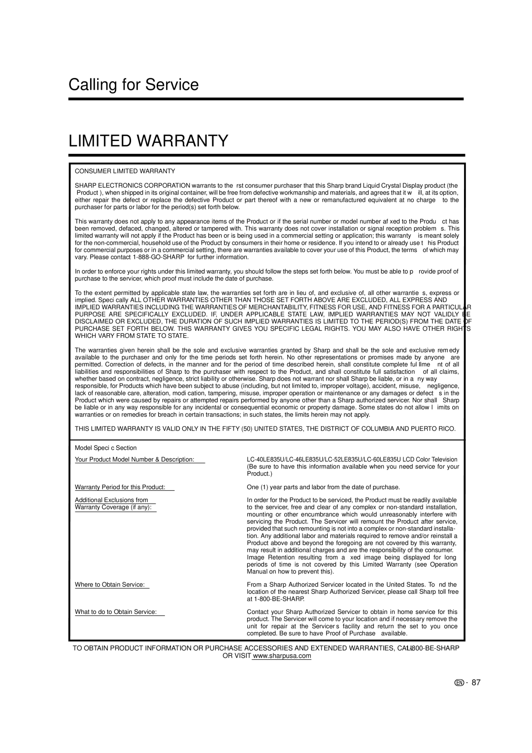 Sharp LC-46LE835U, LC-40LE835U, LC-52LE835U, LC-60LE835U operation manual Calling for Service, Limited Warranty 