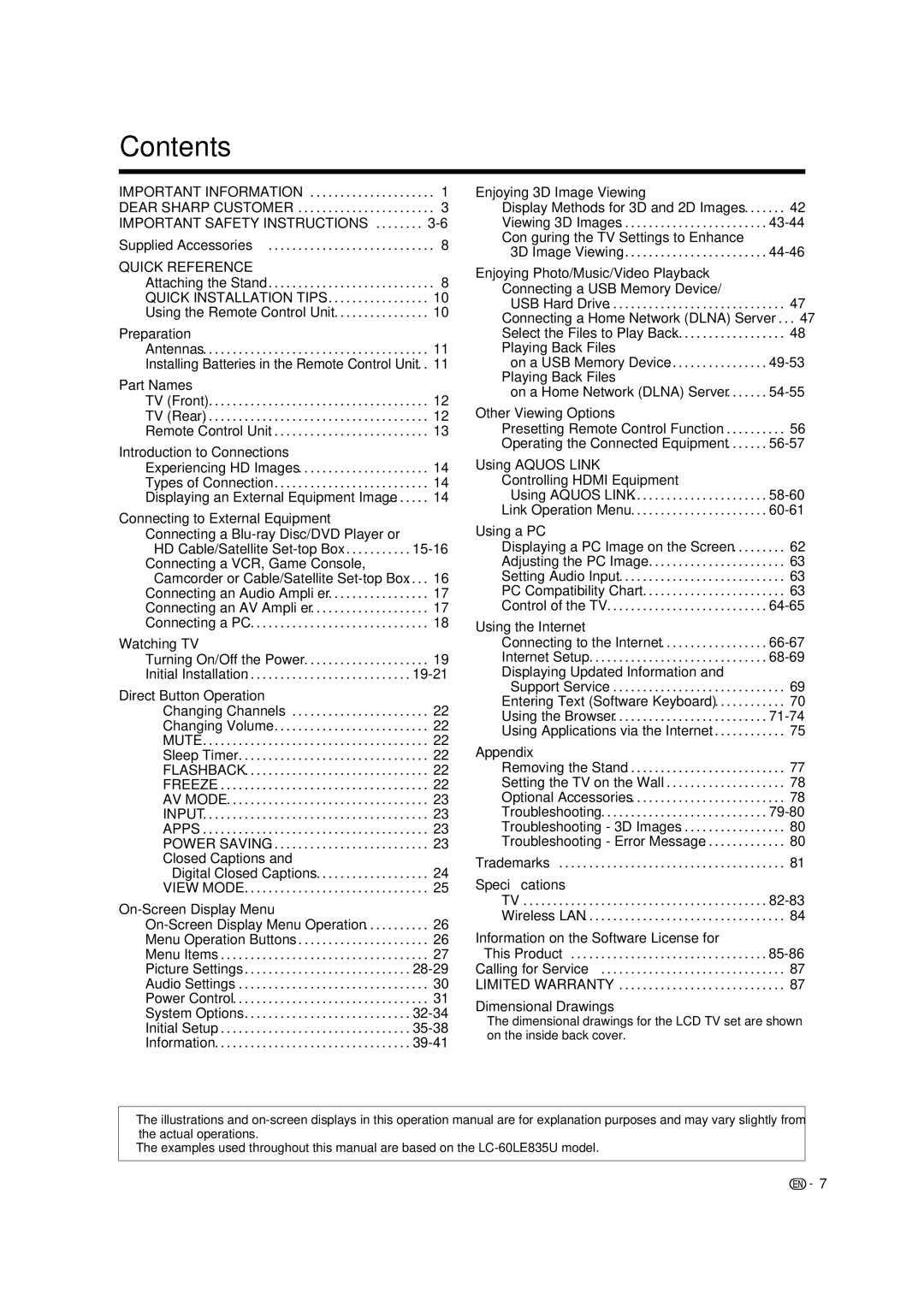 Sharp LC-46LE835U, LC-40LE835U, LC-52LE835U, LC-60LE835U operation manual Contents 